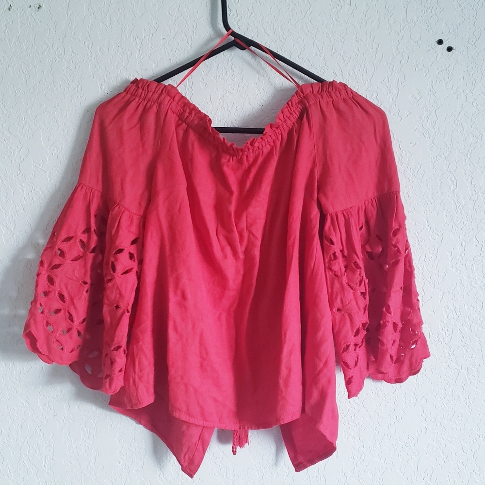 LULUMARI CORAL EYELET OFF-THE-SHOULDER BLOUSE